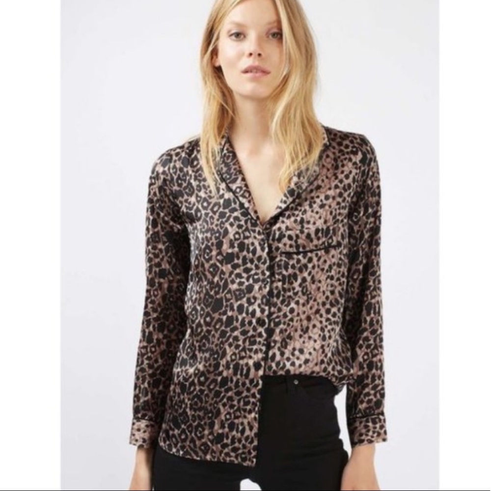 Topshop Satin Animal Print Pyjama Long Sleeve Shirt - Size 4